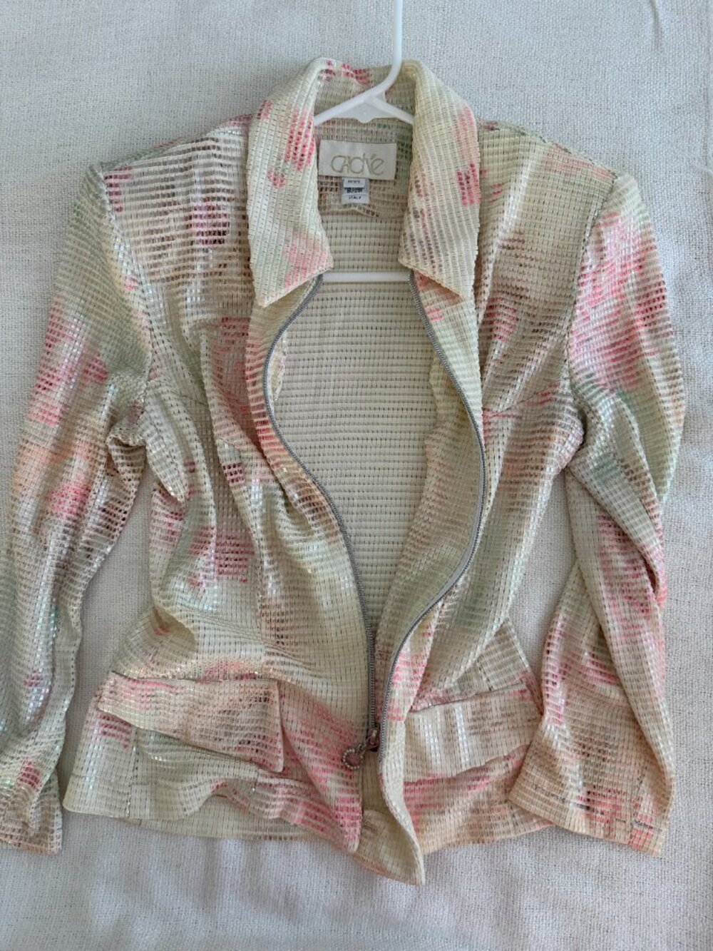 Caché Italy Metallic Pink & Ivory Textured Zip Jacket Petite Vintage Designer Bl - Picture 6 of 7